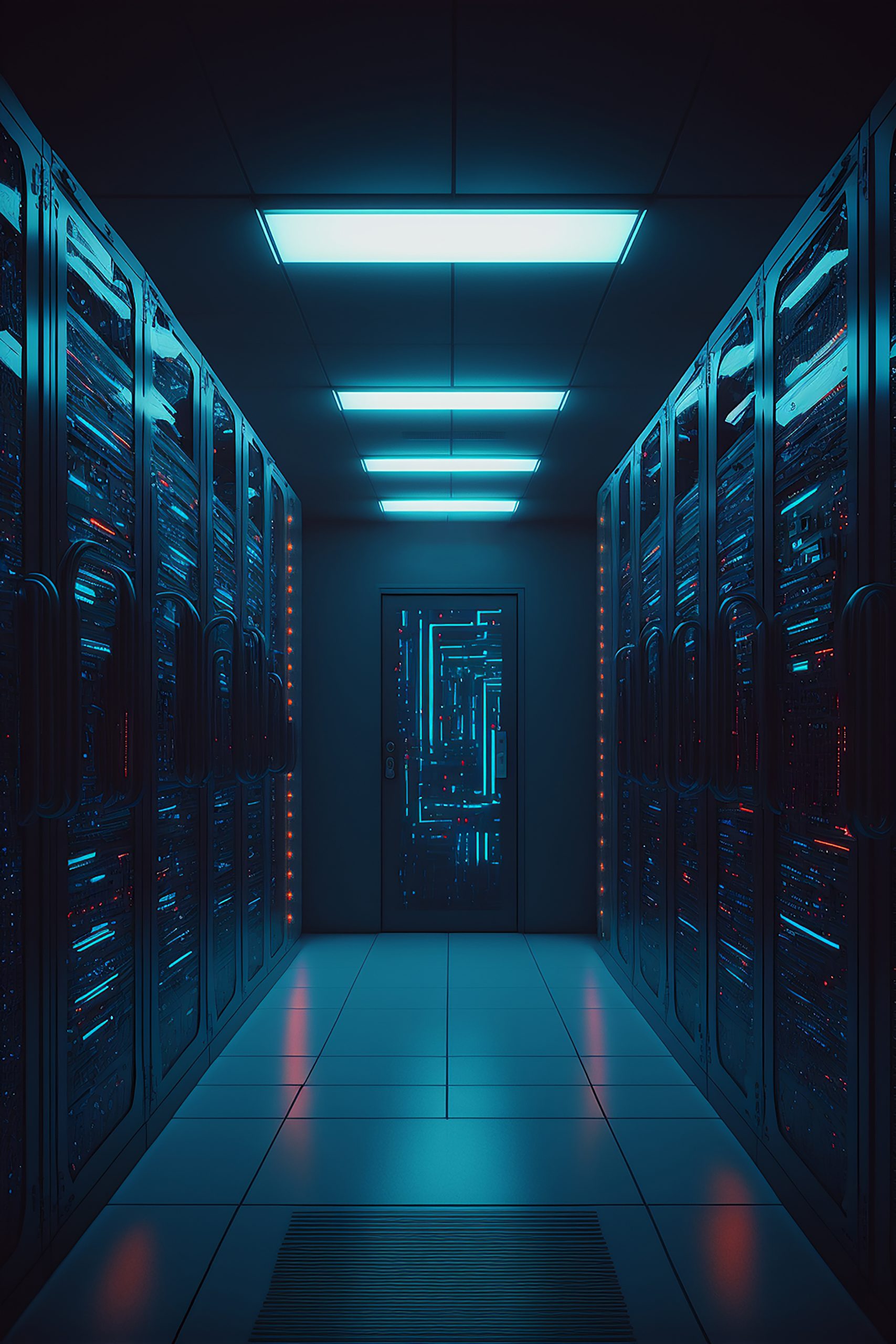 Data server racks hub room with big data computer center. Blue corridor interior for hosting storage hardware system